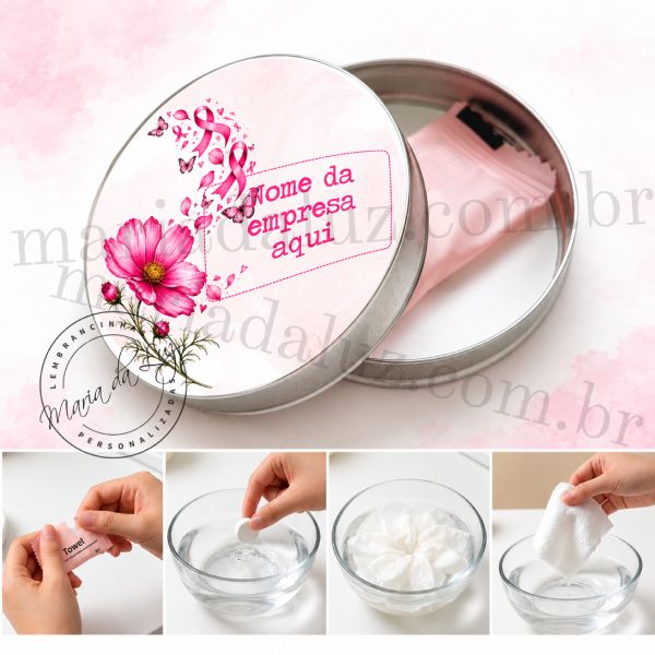 Brinde para Outubro Rosa Empresa com Toalhinha Latinha com Toalhinha