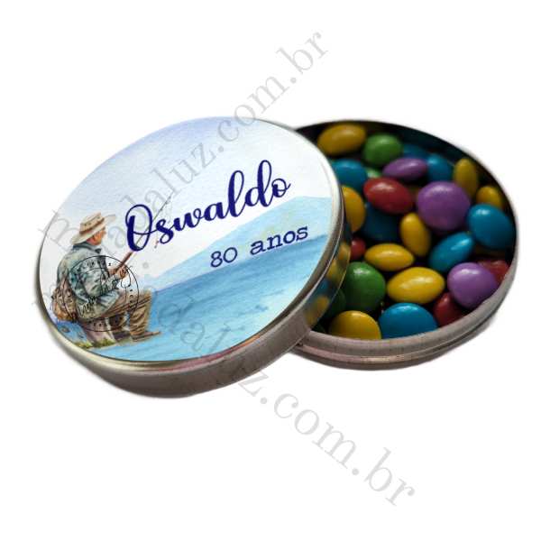 Lembrancinha 80 anos Homem Pescando Latinha com Balinhas