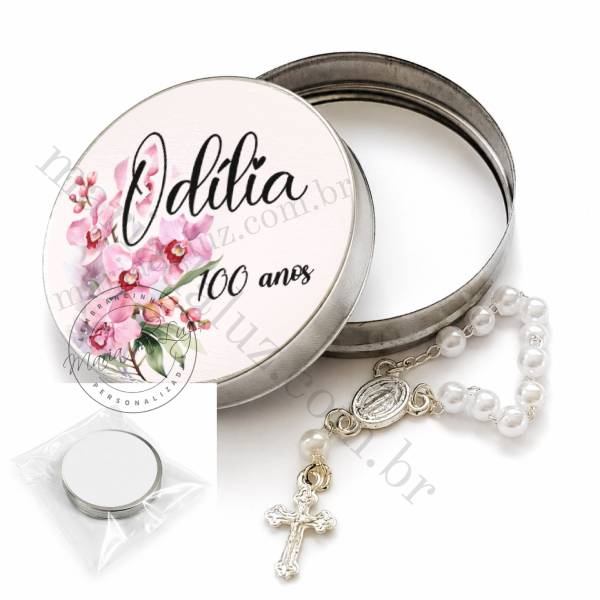 Lembrancinha de Aniversario 100 anos Feminino Orquidea e Saquinho de Celofane Latinha com Mini Tercinho e Saquinho de Celof