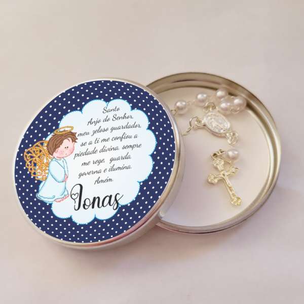 Lembrança Primeira Comunhão Menino Oração Santo Anjo Latinha com Mini Tercinho Decoração
