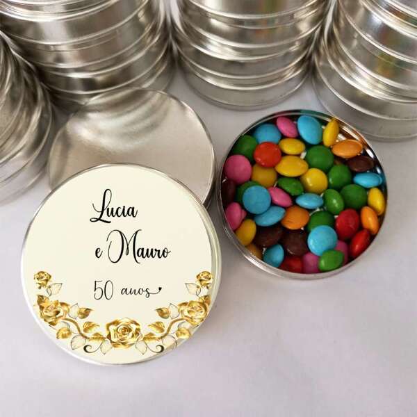 Lembrancinhas Latinhas Personalizadas Bodas de Ouro Latinha com Balinhas Decoração