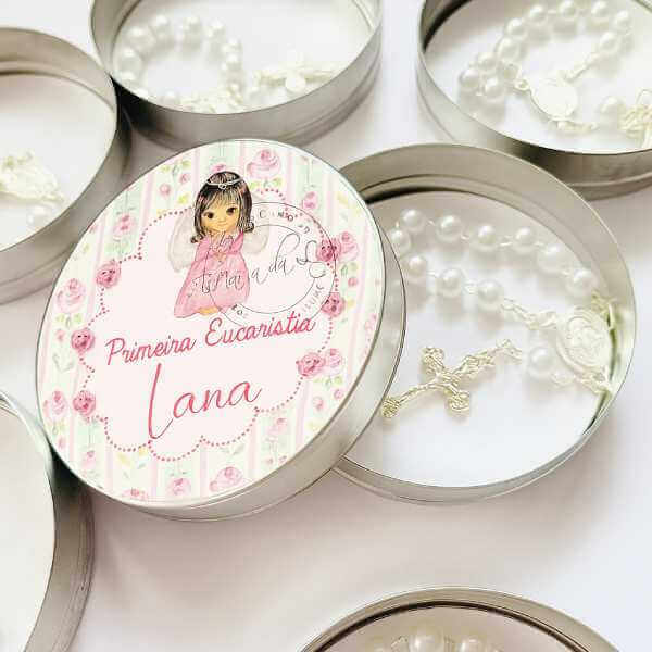 Lembrança Primeira Eucaristia Menina Rosa Latinha com Mini Tercinho Decoração