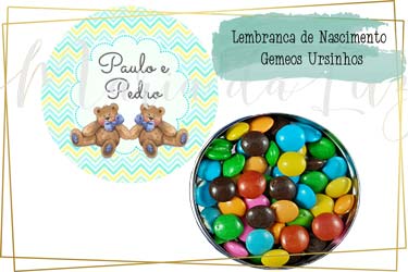 Lembrança Nascimento Gemeos Ursinho Latinha com Balinhas Decoração