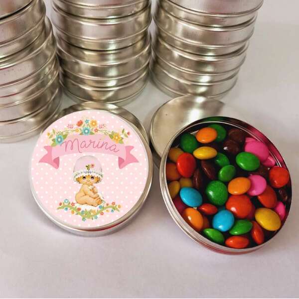Lembranças para Nascimento Bebê Menina Latinha com Balinhas Decoração