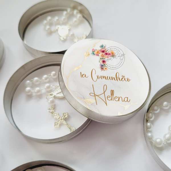 Lembrancinha 1 Comunhão Latinha com Mini Tercinho Decoração