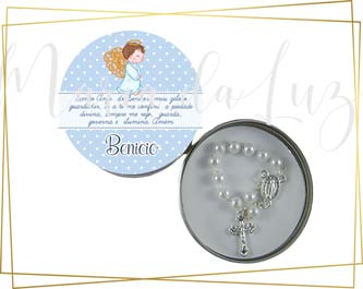 Lembrancinha Oração Santo Anjo Guarda Tercinho Azul Latinha com Mini Tercinho Decoração
