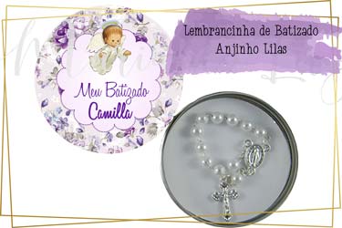 Lembrancinha Batizado Anjinho Lilás Latinha com Mini Tercinho Decoração
