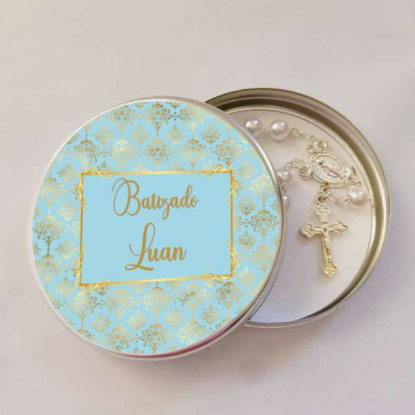 Lembrancinha Batizado Latinha Azul Dourado Latinha com Mini Tercinho Decoração
