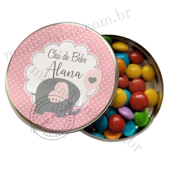 Lembrancinha Chá de Bebê Elefantinho Rosa Latinha com Balinhas Decoração