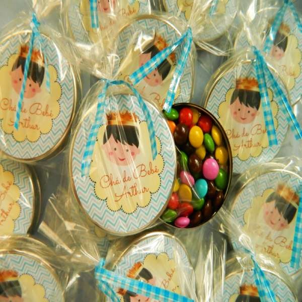 Lembrancinha Chá de Fralda Menino Latinha com Balinhas Decoração