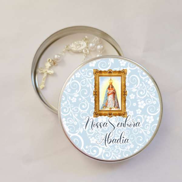 Lembrancinha Nossa Senhora Abadia Latinha com Mini Tercinho Decoração