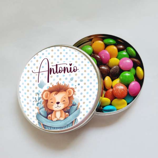 Lembrancinha Maternidade Leaozinho Latinha com Balinhas Decoração