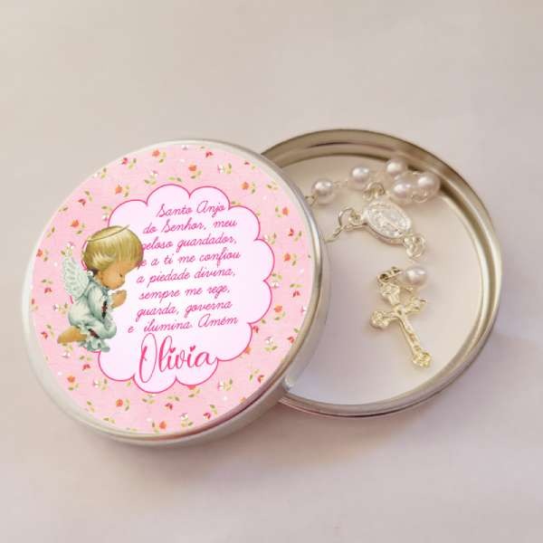 Lembrancinha Primeira Comunhão Anjinha Tercinho Latinha com Mini Tercinho Decoração