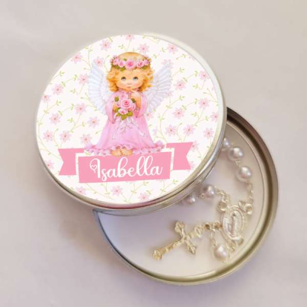 Lembrancinha para 1 Comunhão Anjinha Rosa Latinha com Mini Tercinho Decoração