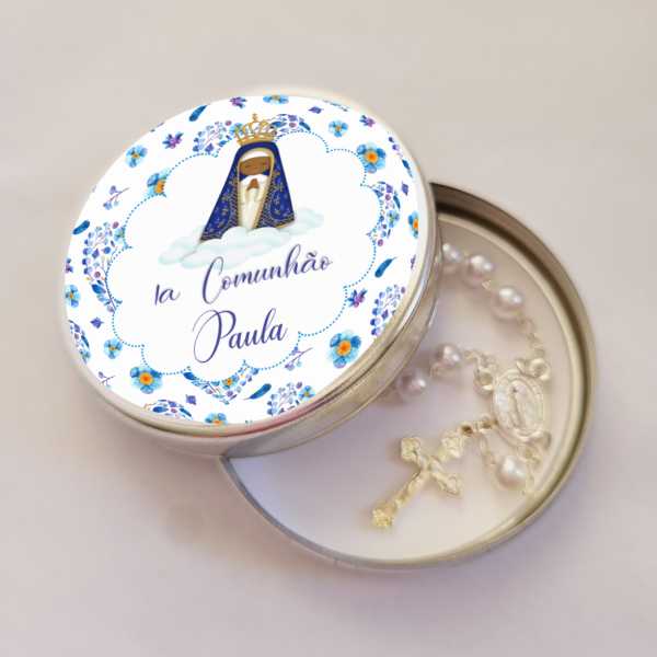 Lembranças para Comunhão Nossa Senhora Aparecida Latinha com Mini Tercinho Decoração