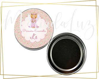Lembrancinha Primeira Eucaristia Anjinha Rosa Latinha Personalizada Vazia Decoração
