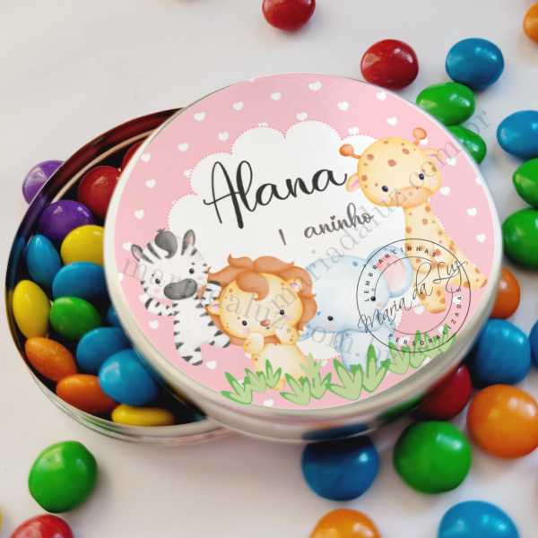 Lembrancinha Safari 1 ano Latinha com Balinhas Decoração