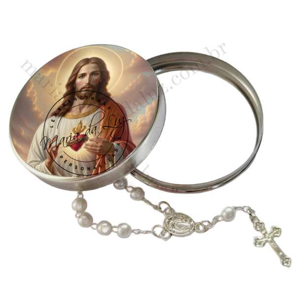 Lembrancinha Sagrado Coração de Jesus Latinha com Mini Tercinho Decoração