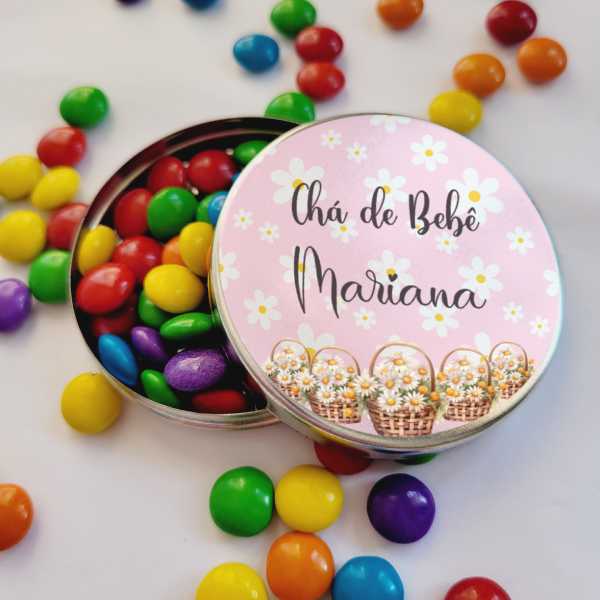 Lembrancinha Tema Margarida Chá de Bebê Latinha com Balinhas Decoração