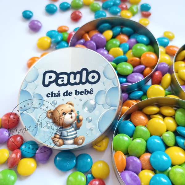 Lembrancinha Ursinho Chá de Bebê Latinha com Balinhas Decoração