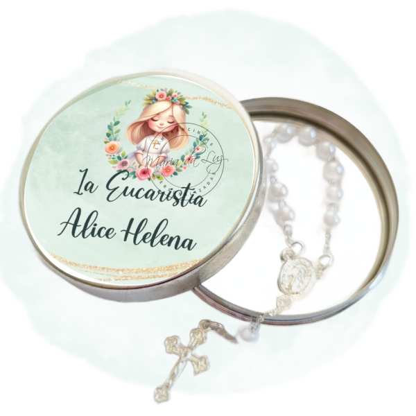 Lembrancinha de Primeira Comunhão Simples Latinha com Mini Tercinho Decoração