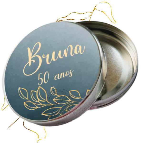 Lembrancinhas Festa de 50 anos Feminino na latinha personalizada vazia, azul marinho e dourado Decoração