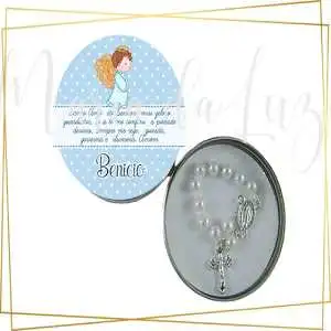 Lembrancinha Oração Santo Anjo Guarda Tercinho Azul Latinha com Mini Tercinho Decoração