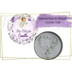 Lembrancinha Batizado Anjinho Lilás Latinha com Mini Tercinho Decoração