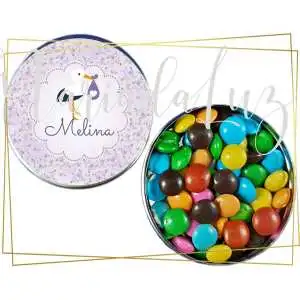 Lembrancinhas para Chá de Bebê Tema Cegonha Lilás Latinha com Balinhas Decoração