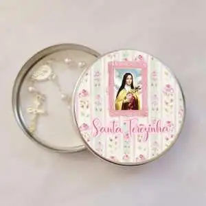 Lembrancinhas Santa Terezinha do Menino Jesus Latinha com Mini Tercinho Decoração