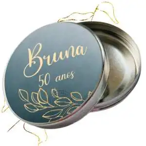 Lembrancinhas Festa de 50 anos Feminino na latinha personalizada vazia, azul marinho e dourado Decoração
