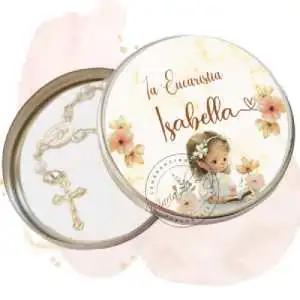 Lembrancinhas Primeira Eucaristia Rosario Menina Latinha com Mini Tercinho Decoração