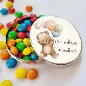 Lembrancinhas Chá Revelação para Bebê Latinha com Balinhas